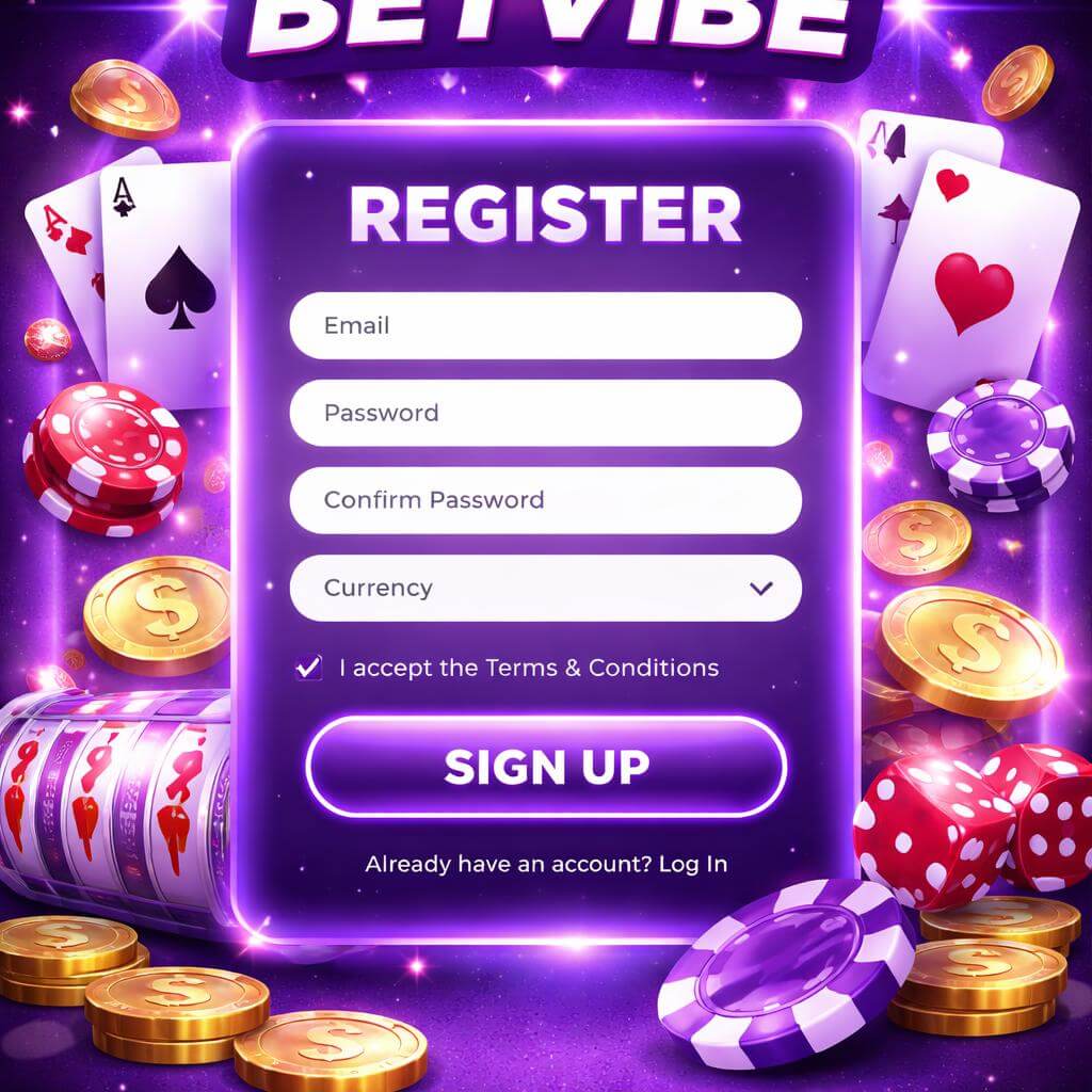BETVIBE player login area for the online casino with fast entry to slots table games jackpots and live dealer action